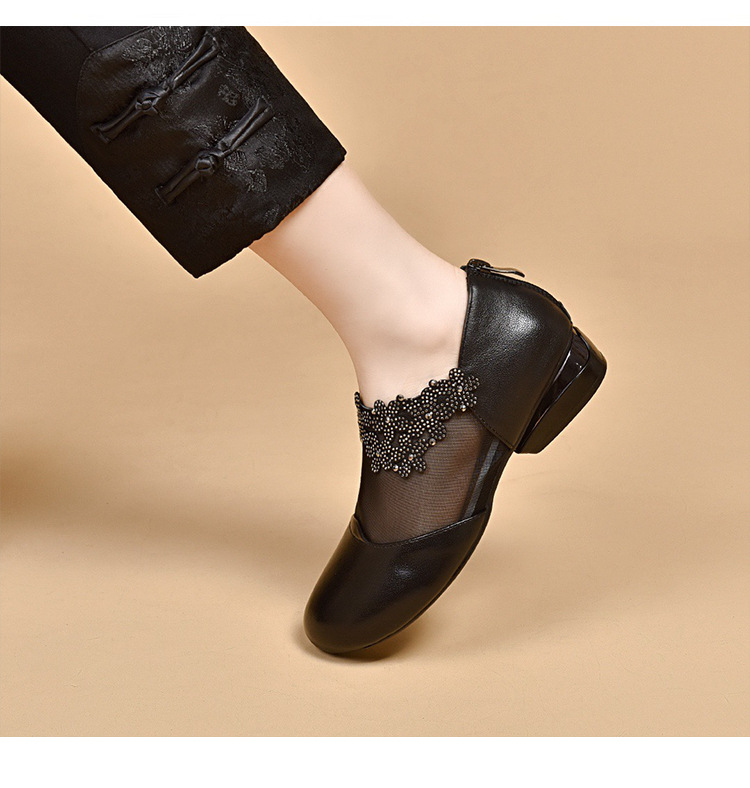 Sandal da bò thật mũi tròn đế bệt lưới thoáng khí cho nữ — Màu đen chi tiết 4
