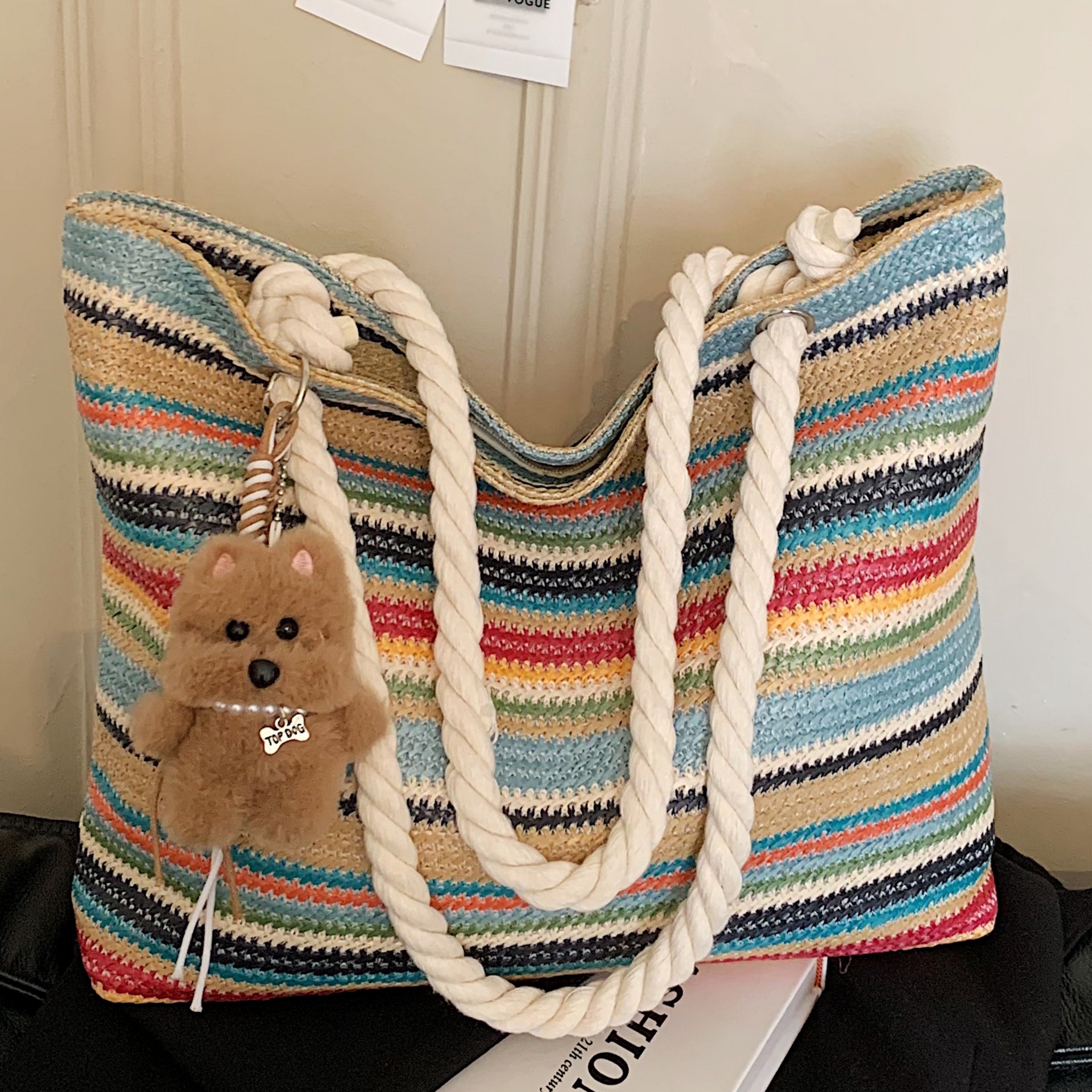 Handmade Rattan Woven Shoulder Bag With Leather Trim And Handle_voghion.com