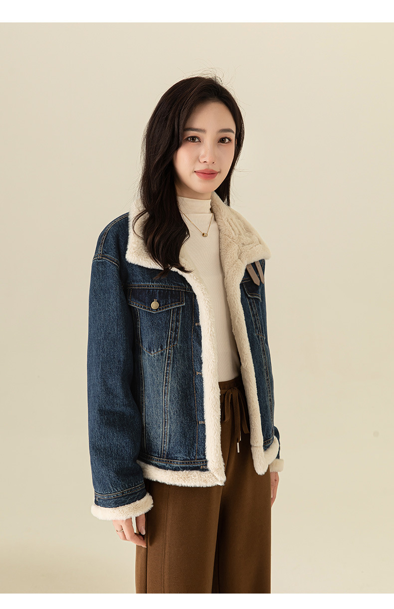 Áo khoác denim nữ phong cách Hàn Quốc, dáng suông, có lớp lót nhung dày giữ ấm — Màu xanh lam (ấm chống lạnh cộng với nhung dày) chi tiết 21