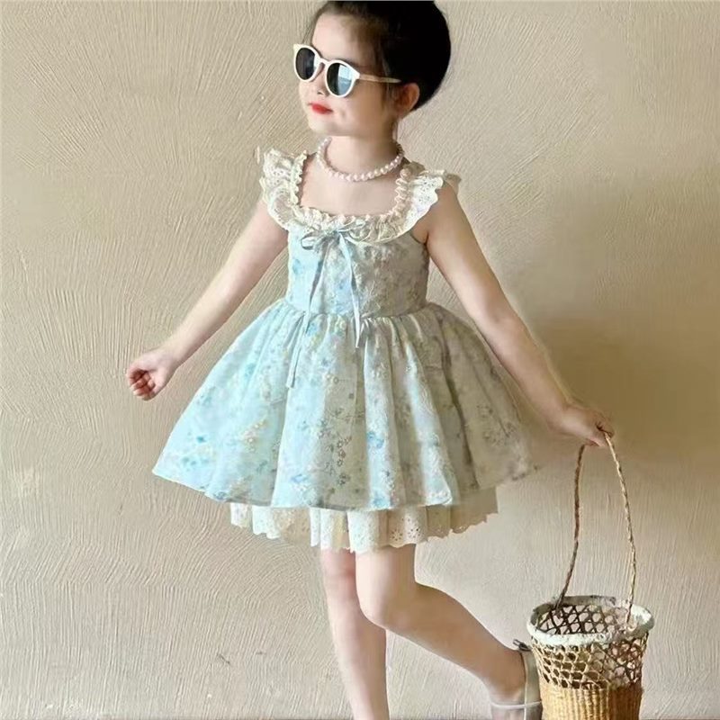 Little Flying Sleeve 2025 New Girls Floral Dress Summer Lace Sweet Little Girl Fashionable Dress