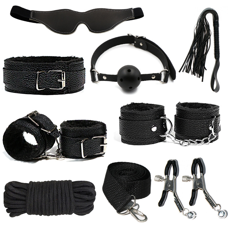 Juego de accesorios Jiuai SM incluido con esposas, látigo de cuero, tapón anal, suministros divertidos para habitaciones de parejas adultas, herramientas de juego sexual