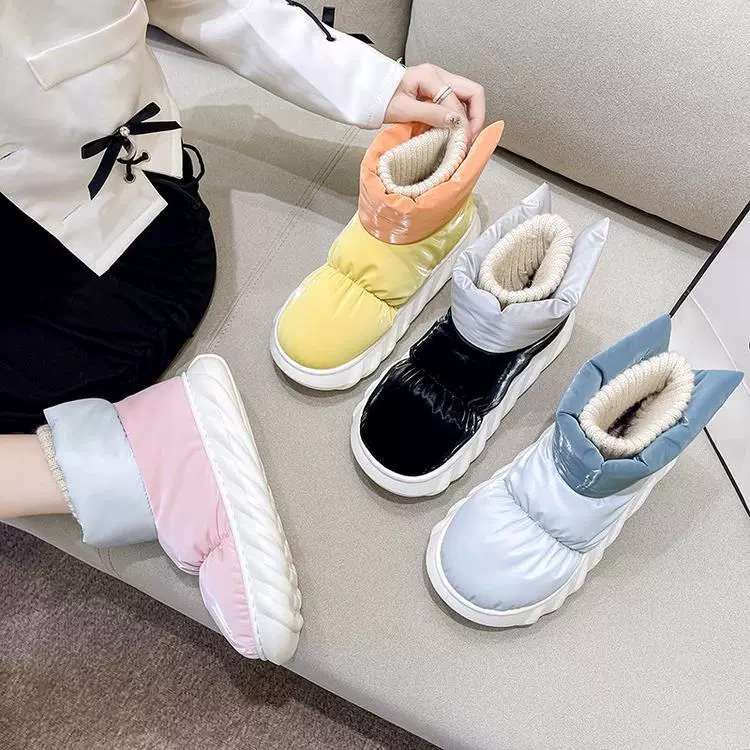 Зимние сапоги из пуховой ткани, женские зимние новые высокие Хлопковые туфли с шерстяным ртом, подходящие по цвету утепленные повседневные модные короткие сапоги на флисовой подкладке