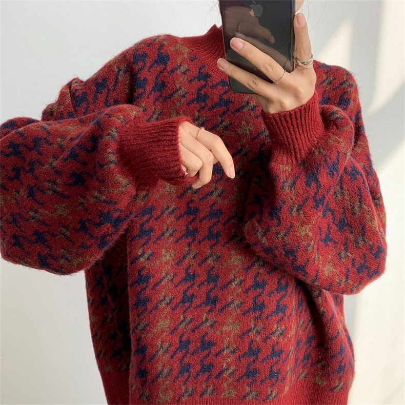 Autumn and Winter New Christmas Thickened Wine Red Sweater for Women's Retro Hong Kong Style, Luxury and Lazy French Style_voghion.com