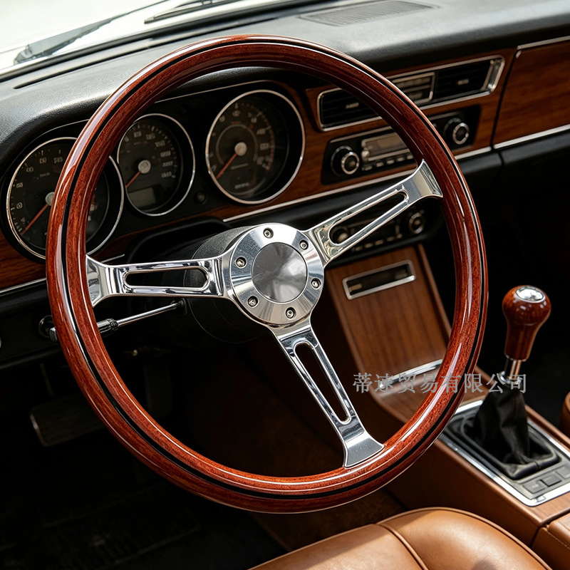 Factory direct sales universal car modification 15inch peach wood color steering wheel classic retro 380MM electroplated concave center
