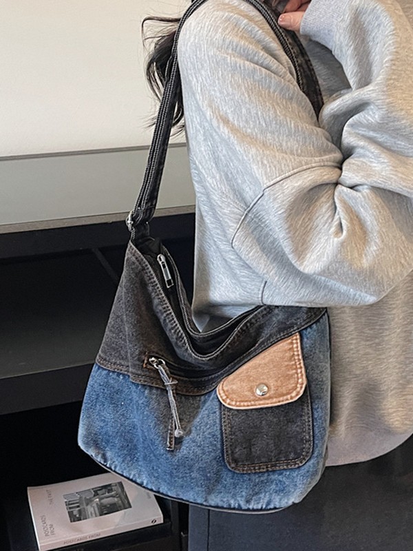 Bolso de denim de gran capacidad para mujeres 2026 retro color contrastante empalme mochila de hombro de viaje bolsa de ocio image 5