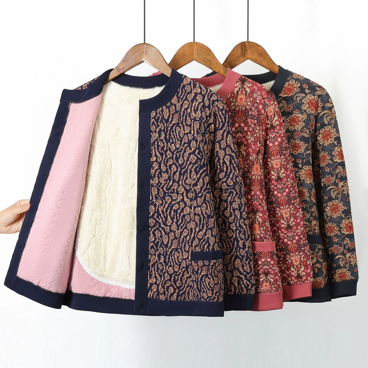 Женщины среднего и пожилого возраста хлопчатобумажная одежда плюс бархат теплая мама с цветочным хлопком куртка зимний новый кардиган