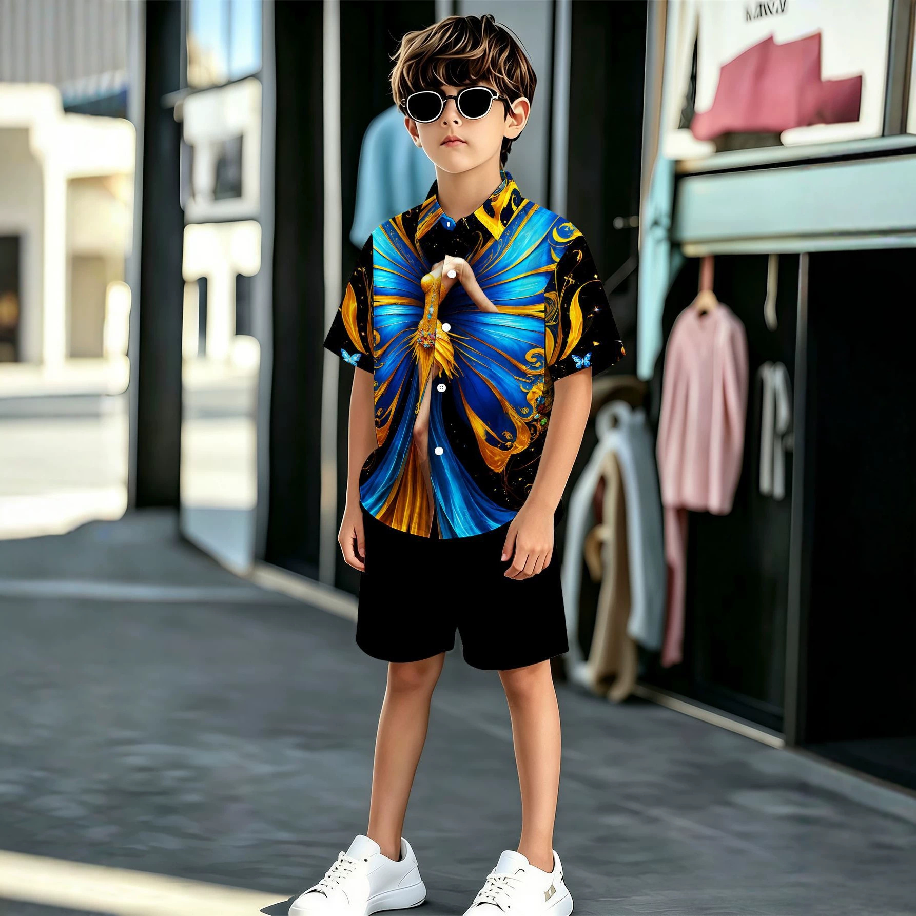 Neues Sommer-Set mit Totem-Print für Jungen: Hemd und Shorts mit Umlegekragen._voghion.com