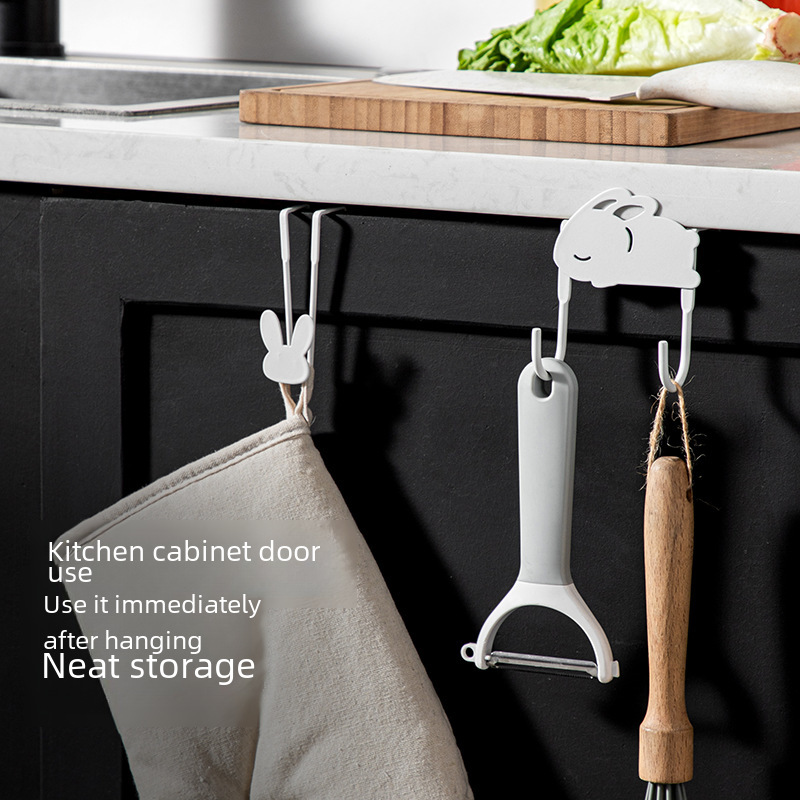 Iron Painted Cabinet Hooks with Cute Rabbit Design, No-Hole Door Hanging Bag Rack, Drawer Small Item Hooks, Hat Hook