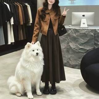 韩系穿搭一整套装女2026春秋新款麂皮绒夹克短款外套半身裙两件套
