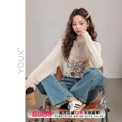 又巷【涂鸦派对】韩版宽松上衣2025早春长袖圆领字母印花t恤女
