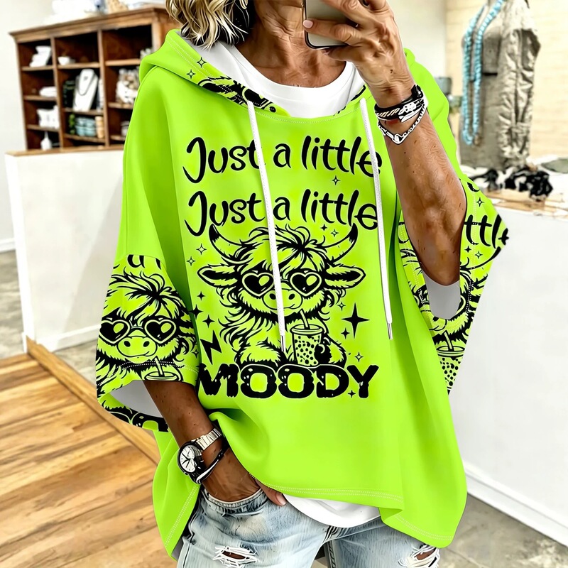 26 Autumn New Style Hooded Drawstring Three-Quarter Sleeve Women's Sweatshirt with Green Sunglasses and Cow Cartoon Print 26 Autumn New Style Hooded Drawstring Three-Quarter Sleeve Women's Sweatshirt with Green Sunglasses and Cow Cartoon Print