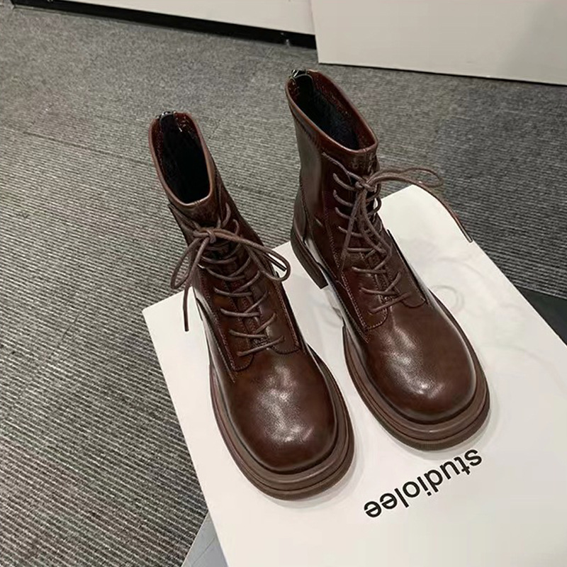Uva mamá punta redonda Otoño e Invierno Nuevo estilo coreano adelgazante tacón grueso botas cortas aumento de la altura de las mujeres con cordones Martin botas cortas