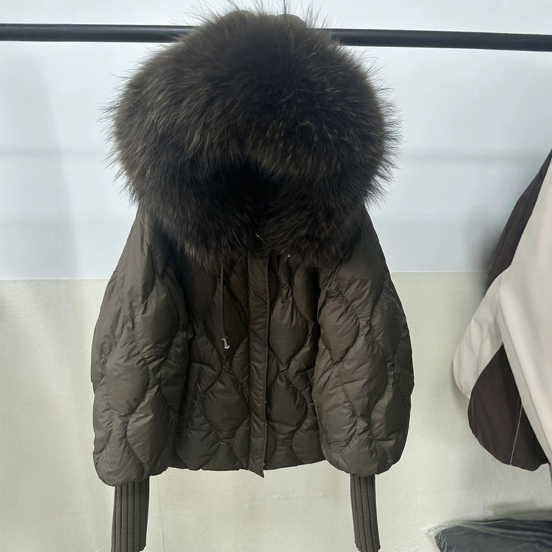 Flat Lake Rhombus-Patterned Real Raccoon Fur Large Fur Collar Short down Jacket, Loose Thickened Warm Fur Coat, Cross-Border Hot-Selling Item