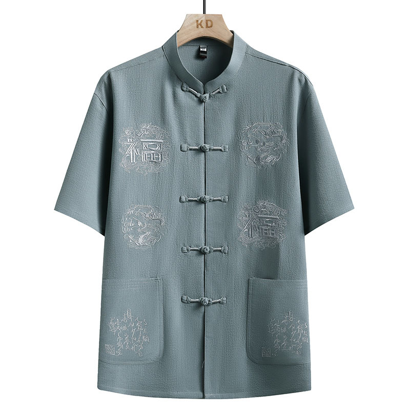 High-End Tang Suit Short-Sleeved Chinese Style Dad Clothes for Middle-Aged and Elderly People, Summer Thin Embroidered Cotton and Linen Clothes for the Elderly, Men's Clothes