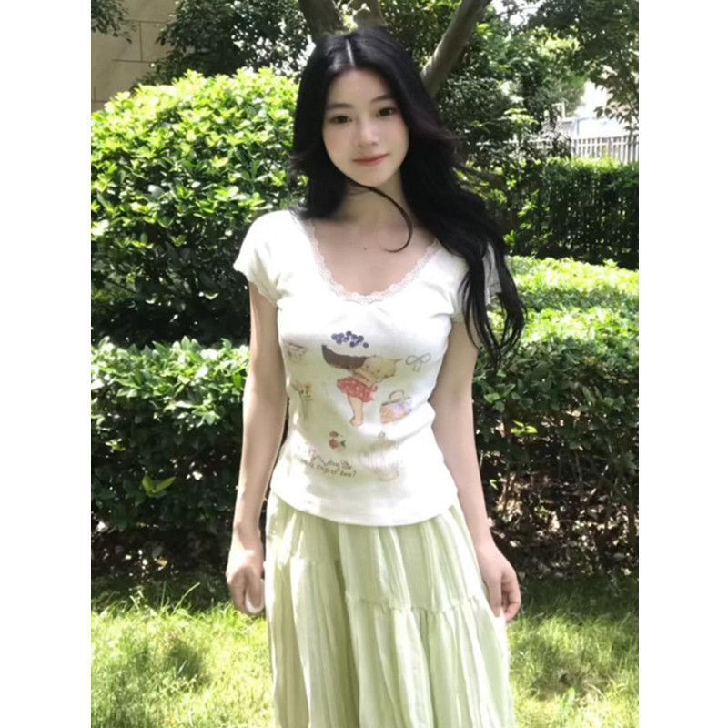 Cartoon Print Sweet and Cute Lace-Trimmed Short-Sleeved T-Shirt for Women in Summer, Slim Fit and Slimming Short Top Cartoon Print Sweet and Cute Lace-Trimmed Short-Sleeved T-Shirt for Women in Summer, Slim Fit and Slimming Short Top