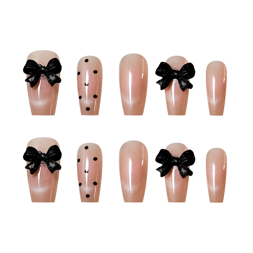 Polvo desnudo, arco negro, manicure dulce, lindo y juguetón, uñas de 10 piezas, parches de uñas falsas. image 6