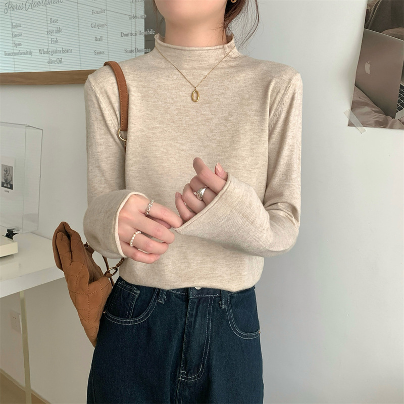 韩版基础款圆领卷边针织衫打底女早秋慵懒风毛衣长袖软糯内搭上衣|undefined