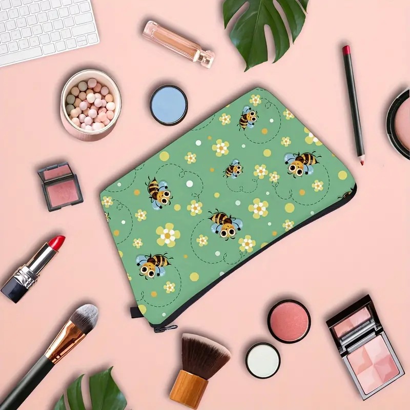 Transfronterizos Amazon damas bolsas de maquillaje encantadoras creativas bolsas de maquillaje de día de abejas bolsas de almacenamiento de lino bolsa de cremallera impermeable