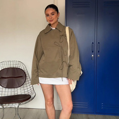 气质优雅风纯色短款系带领结风衣外套女2025跨境欧美风秋季新款