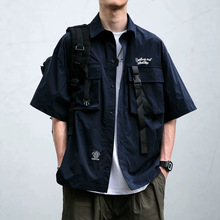 日系复古机能风口袋短袖衬衫男潮牌重磅宽松休闲大码工装半袖衬衣