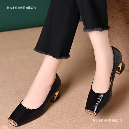 Metal Head Anti-Kick Deep Mouth Women's Spring and Autumn New French Python Texture Thick Heel Versatile Soft Sole Small Leather Shoes
