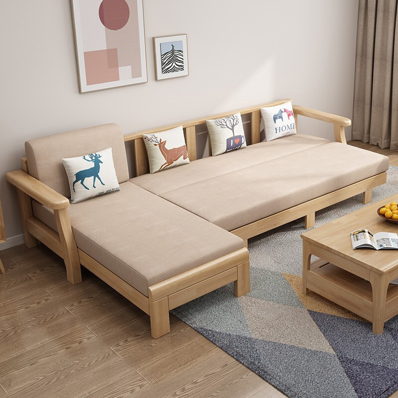 Sofá de la sala de estar paño de madera combinado con simple combinación de concubina doble pequeño apartamento muebles de madera maciza nórdica sofá cama