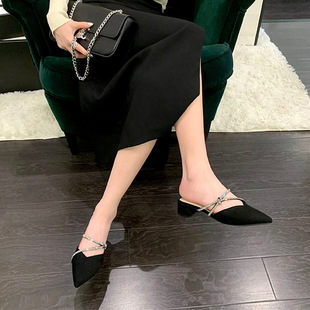 Grape Mom's 2025 Spring New French Elegant Pointed Toe Sandals with Rhinestone Straps, Slip-On Chunky Heel Mules for Women