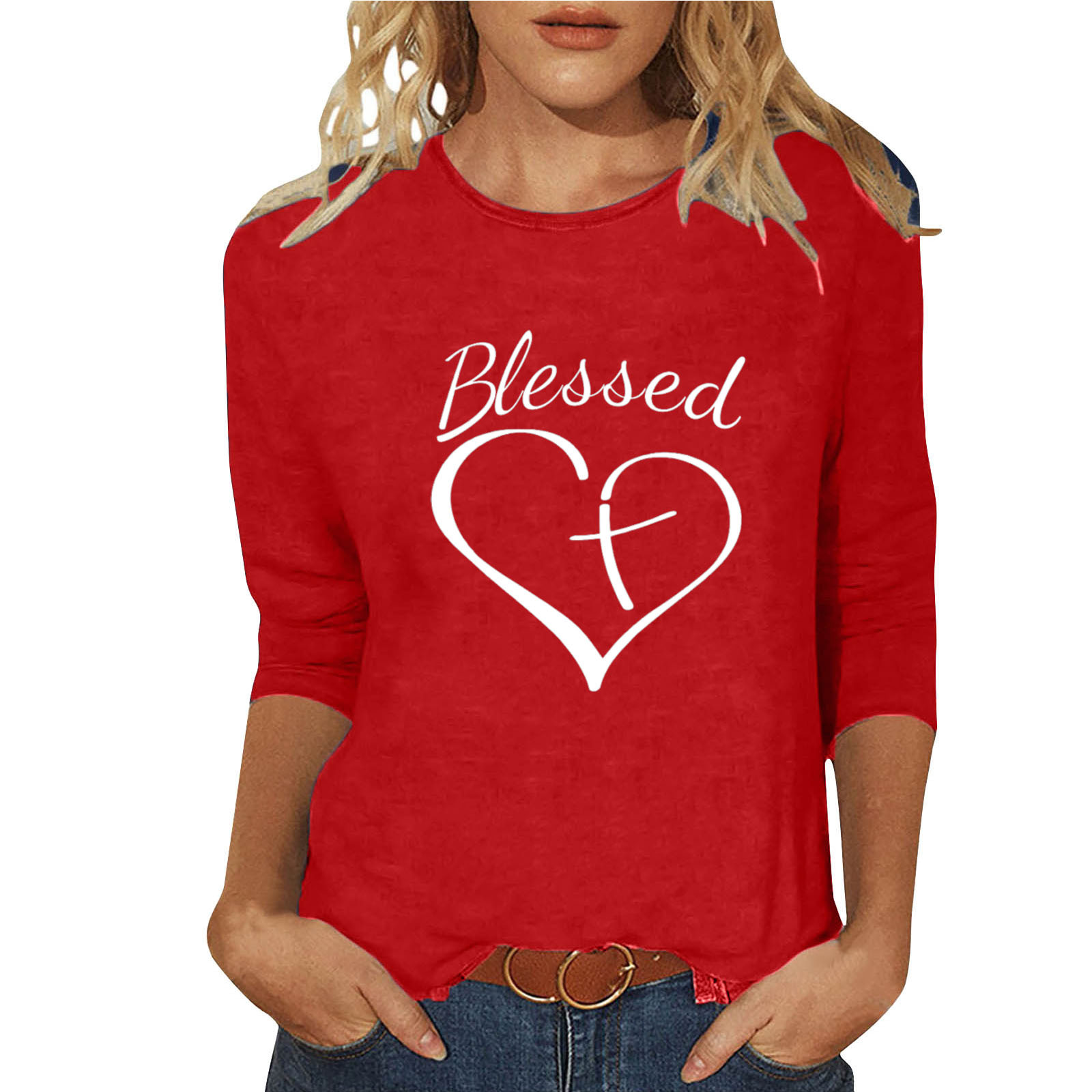 Women's T-shirt 3/4 Length Sleeve T-shirts Casual Basic Letter Heart Shape display picture 8