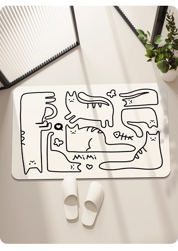 Cartoon Line Cat Entrance Door Entrance Stain-Resistant Floor Mat Bathroom Shower Room Non-Slip Quick-Drying Easy-Care Floor Mat