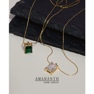 New Chinoiserie Emerald Green Zircon Single Diamond Necklace Titanium Steel Plated 18K Gold European and American Ins Square Zircon Clavicle Chain