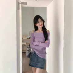 超好看紫色一字肩毛衣纯欲风设计感吊带针织衫上衣女春季2025新款
