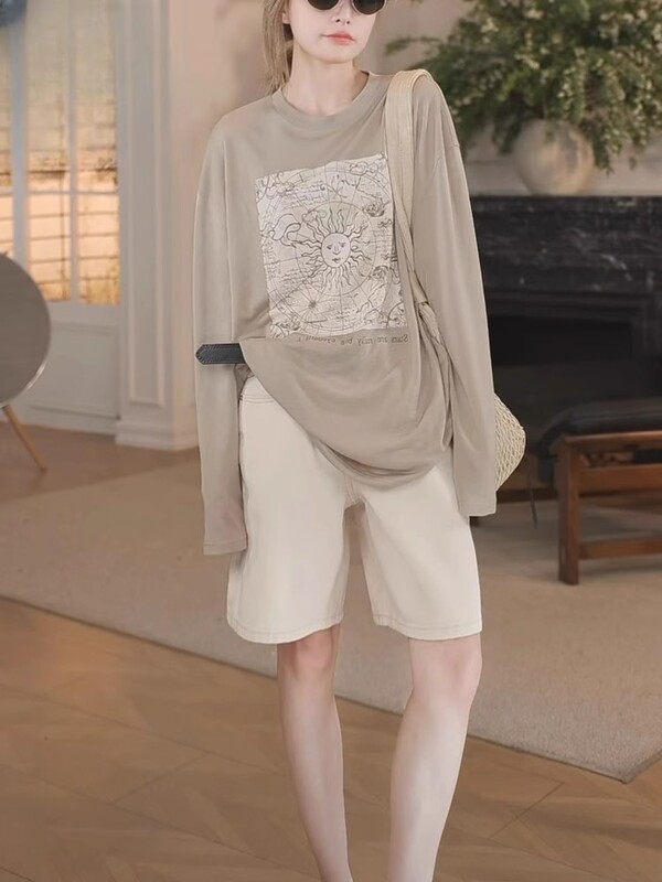 小太阳字母印花薄款长袖T恤女2025夏季新款慵懒风天丝棉防晒衫女|undefined
