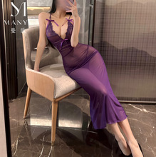 曼欲情趣内衣蕾丝网纱妖娆透身长裙性感纯欲露沟透视诱惑睡裙9395