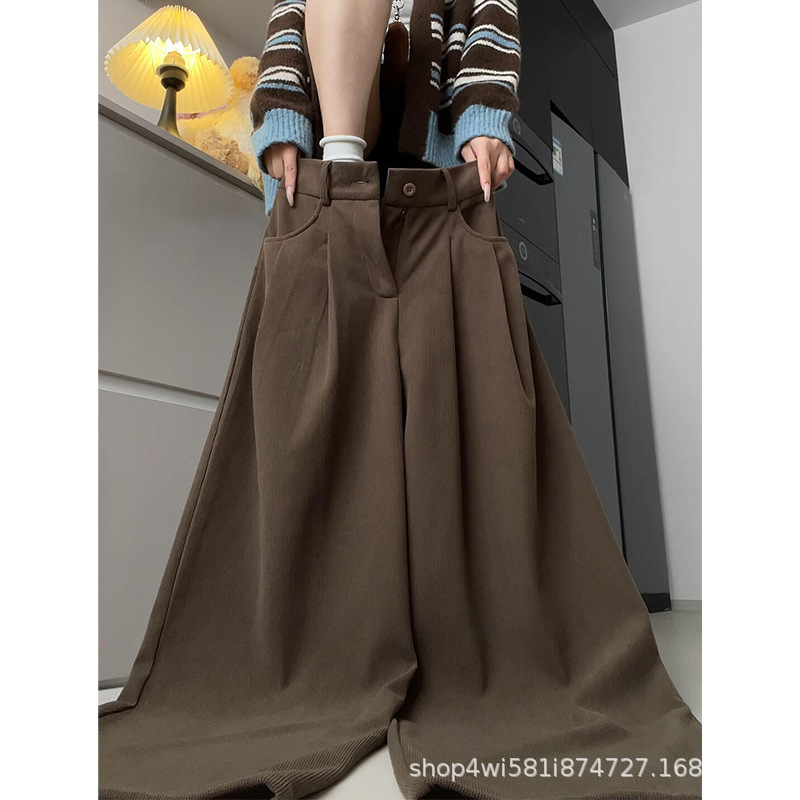 Brown corduroy women's suit pants for spring and autumn, high-waisted, loose, casual style, petite-friendly, straight-leg, slimming, wide-leg pants Brown corduroy women's suit pants for spring and autumn, high-waisted, loose, casual style, petite-friendly, straight-leg, slimming, wide-leg pants
