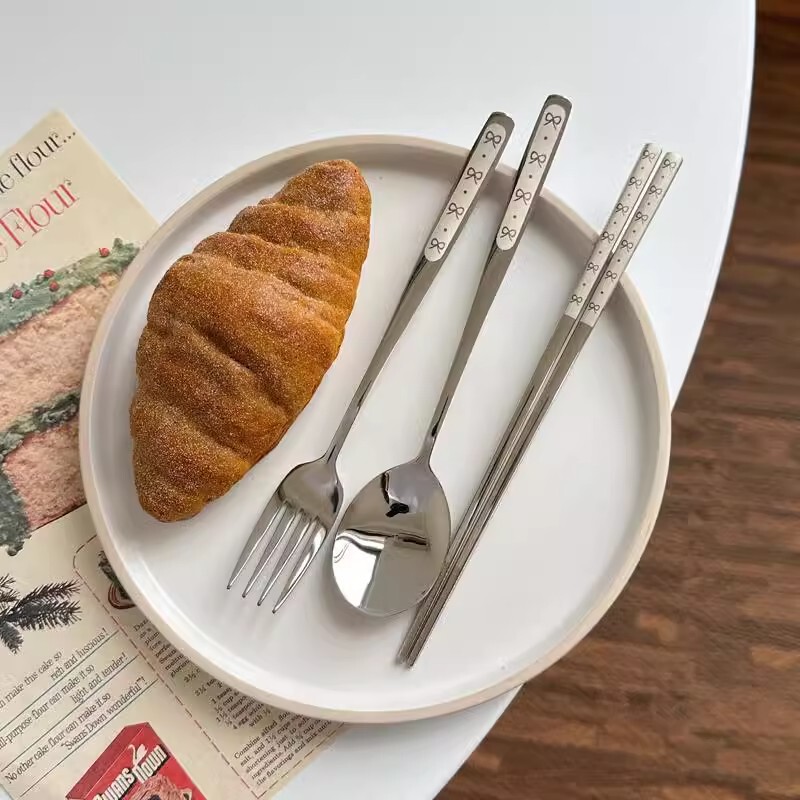 304 stainless steel ins style bow portable tableware student office worker canteen spoon fork chopsticks three-piece set 304 stainless steel ins style bow portable tableware student office worker canteen spoon fork chopsticks three-piece set