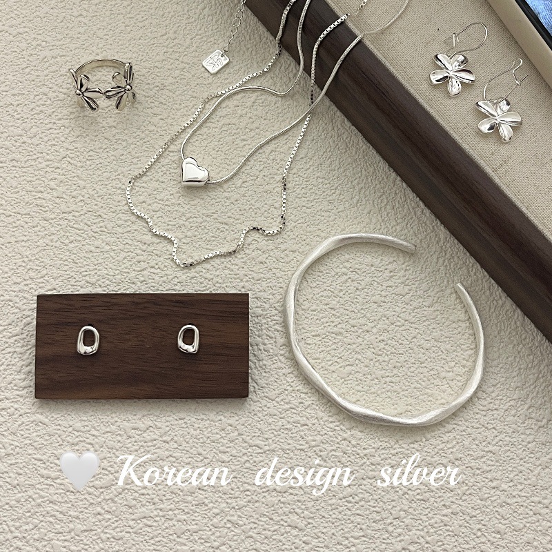 韓國東大門耳釘飾品 S925純銀愛心形項鍊 拉絲手鐲花朵戒指組合款