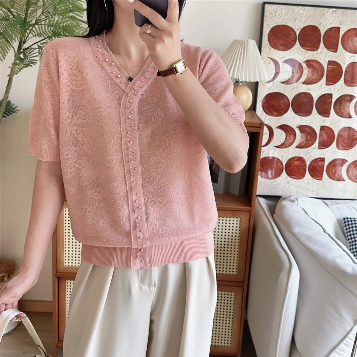 蕾丝欧根纱钉珠甜美羊毛半袖针织T恤春夏季新款薄百搭短袖女上衣
