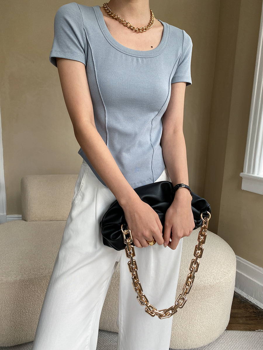 Boning Corset Double Stitching Ant Waist Curved Hem Cut U Neck Slim Fit Shoulder Short Sleeve T Shirt