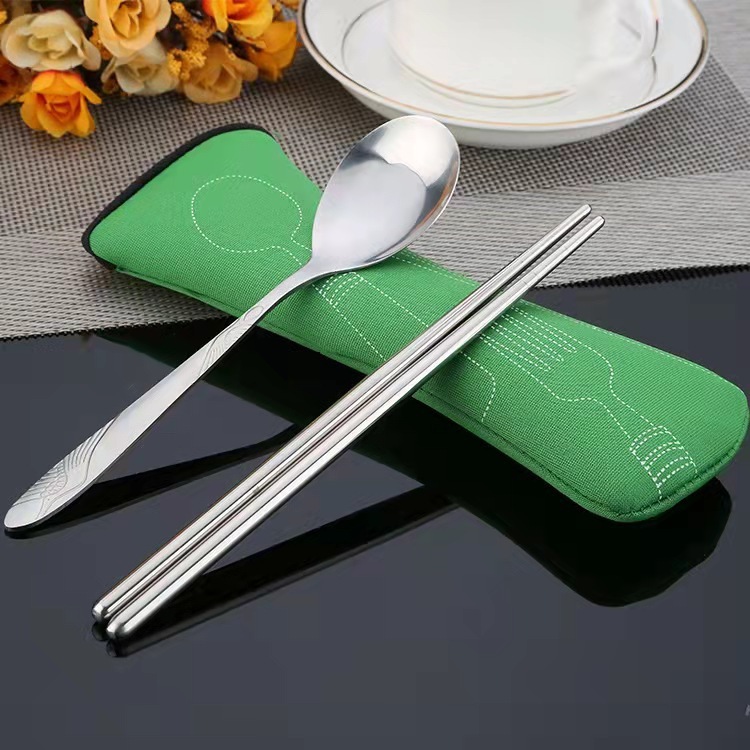 ステンレススプーンフォーク箸三点セット携帯食器袋アウトドア学生食器セット会社プレゼント|undefined