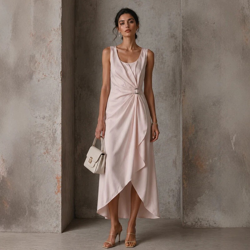 2026 European and American Cross-Border U-Neck Metal Ring Twisted Pleated Waist-Cinching Draped High-Low Asymmetrical Hem Sleeveless Dress