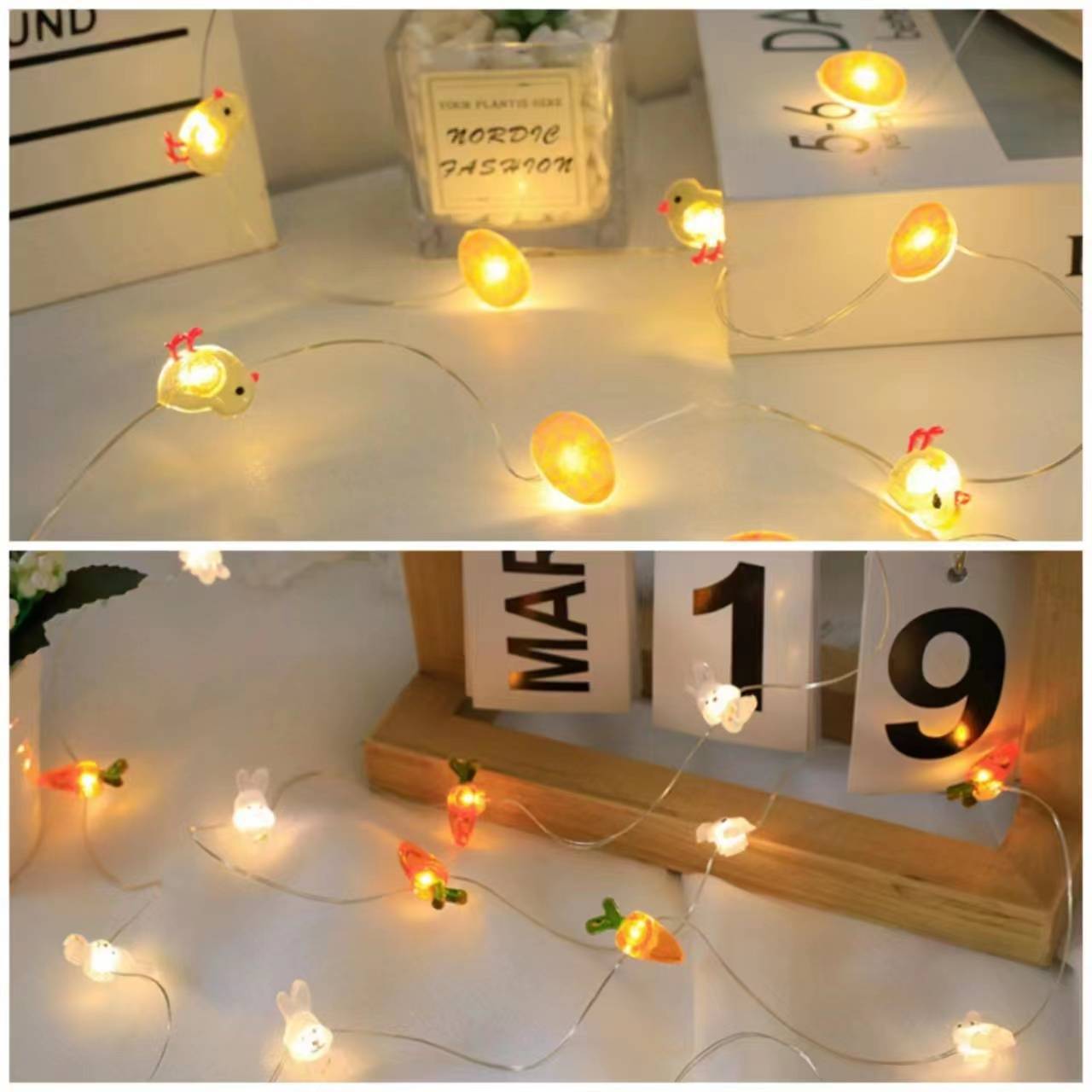 LED cable de cobre lámpara de modelado conejo zanahoria huevo pollo de Pascua decoración lámpara cadena de batería atmósfera de vacaciones
