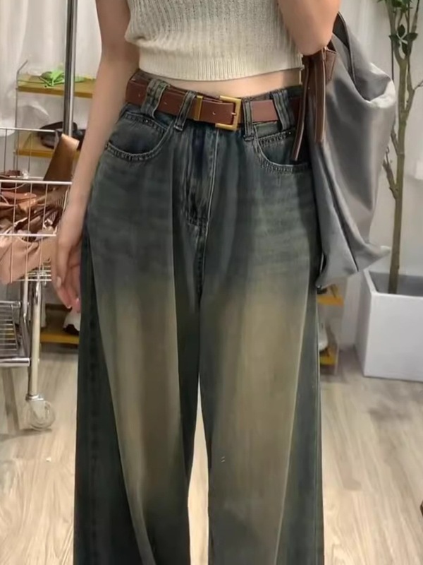 大码胖mm美式高街阔腿牛仔裤女复古垂感显瘦宽松高腰直筒拖地长裤|undefined