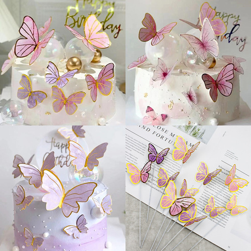 Beautiful ins style hot gold edge paper three-dimensional pink purple wire butterfly baking cake decoration ornaments plug-in