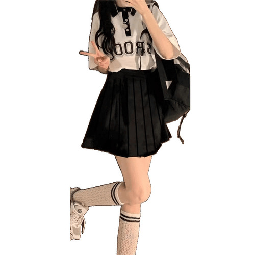 Vintage Summer American Collar Short-Sleeve Student Girl Splicing Top + Pleated Skirt Loose Youthful Set Fashion