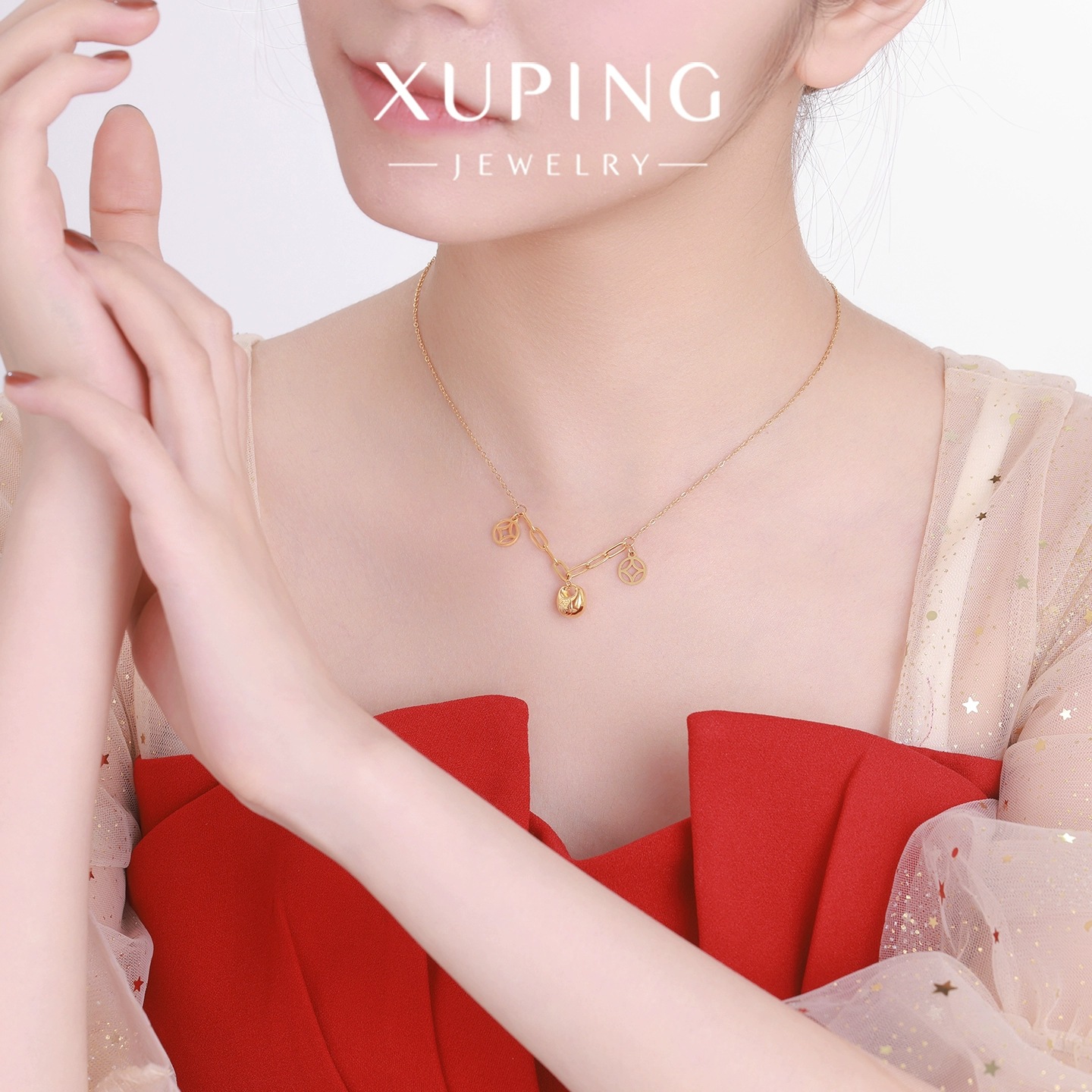 Xuping bolsas de Año Nuevo de bronce de lujo ligero collar de acero inoxidable chapado 24k simple langosta hebilla cadena de clavícula para mujeres