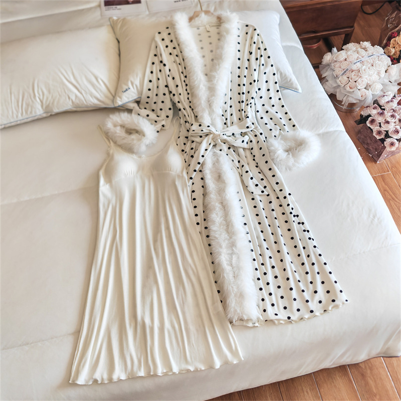 2024 New Nightgown Women's Autumn and Winter High-end Sense Thickened fleece-lined Long Bathrobe Simple Outer Wearing Home Clothes suit