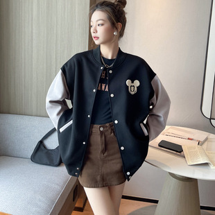 Korean style design baseball uniform women's cartoon Mickey letter Top Spring and Autumn New loose all-match college style coat