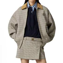 原标高版本MIU缪缪家 翻领拼色格纹贴布logo棒球服开衫男女夹克