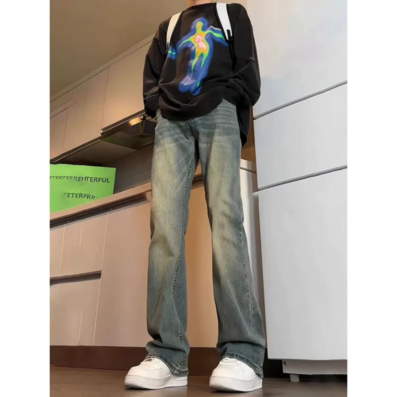 美式高街复古蓝高腰牛仔裤男款秋季vibe裤子高个子修身直筒微喇裤|undefined