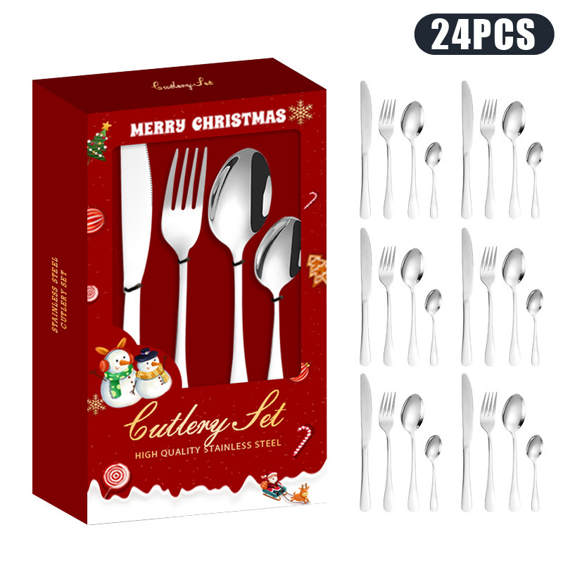 Juego de cucharas, tenedores y cucharas de acero inoxidable transfronterizo Juego de 24 piezas de vajilla Juego creativo de Navidad Caja de regalo de cuchara y tenedor dorado Regalo de la reunión anual